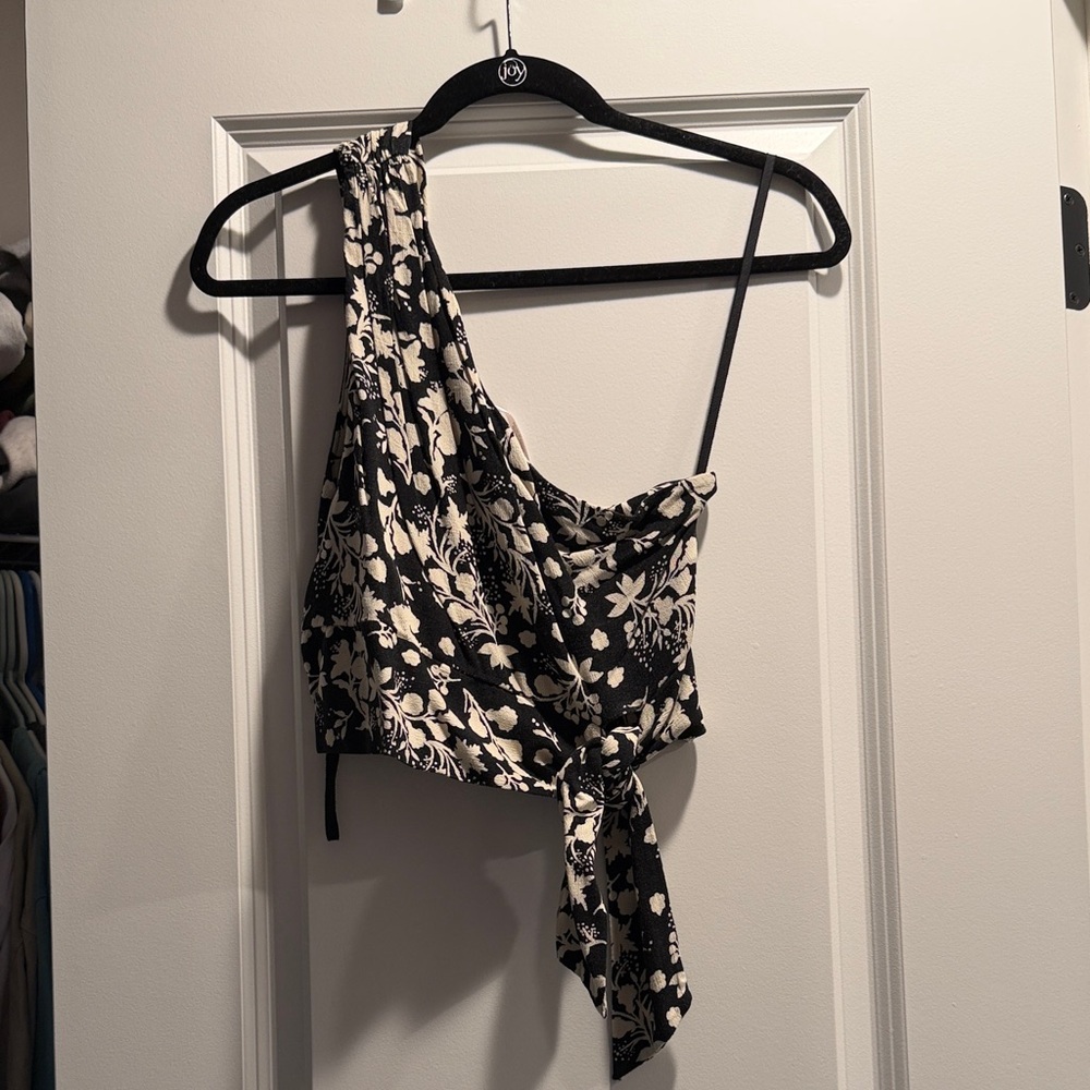 Free People Black and White Floral One-Shoulder Top